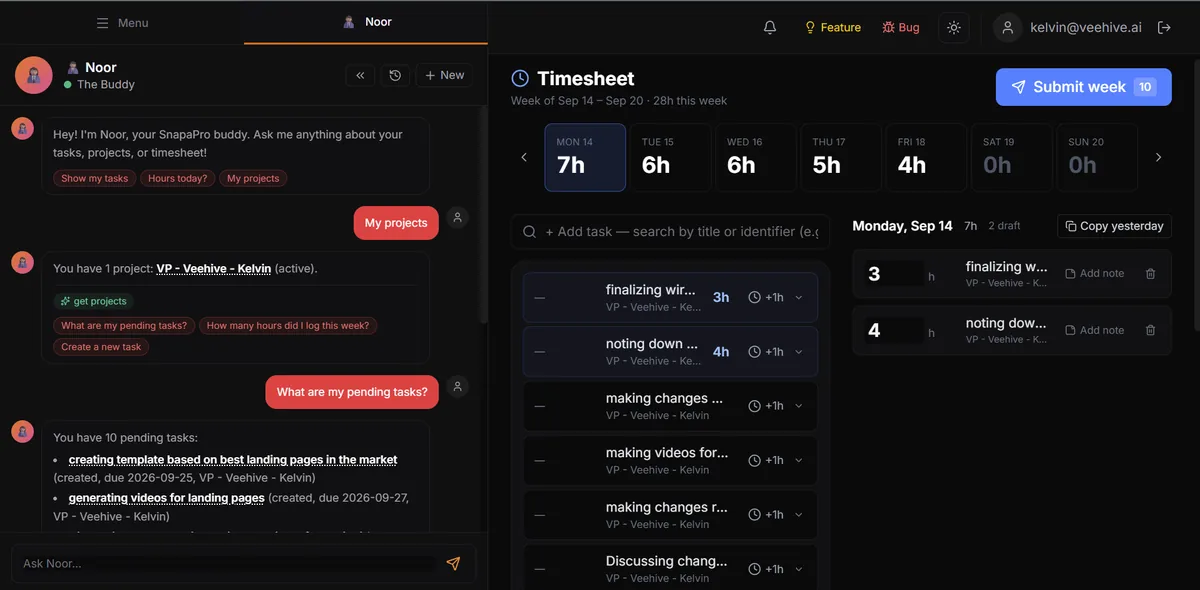 Noor answering task questions next to the SnapaPro weekly timesheet